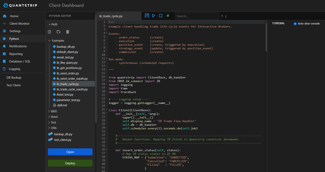 Quantstrip Python IDE with example clients