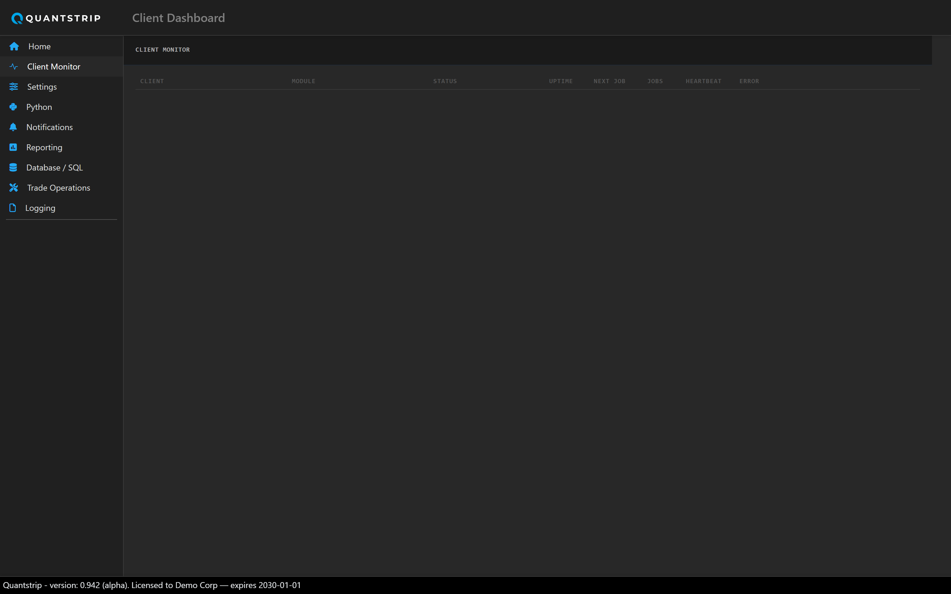 Client Monitor grid showing client status, uptime, and job counts