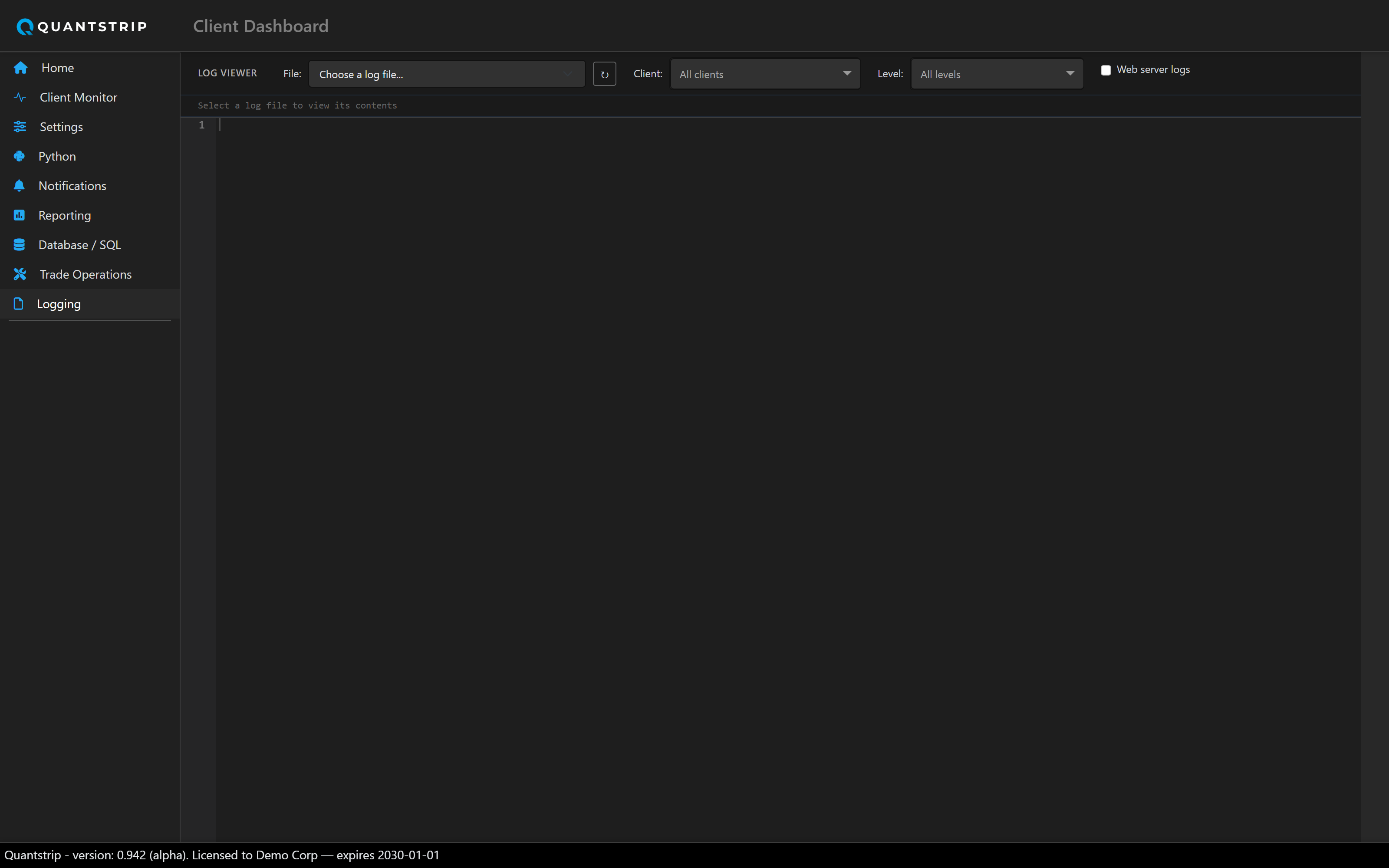Logging page showing filtered log lines with client and level dropdowns