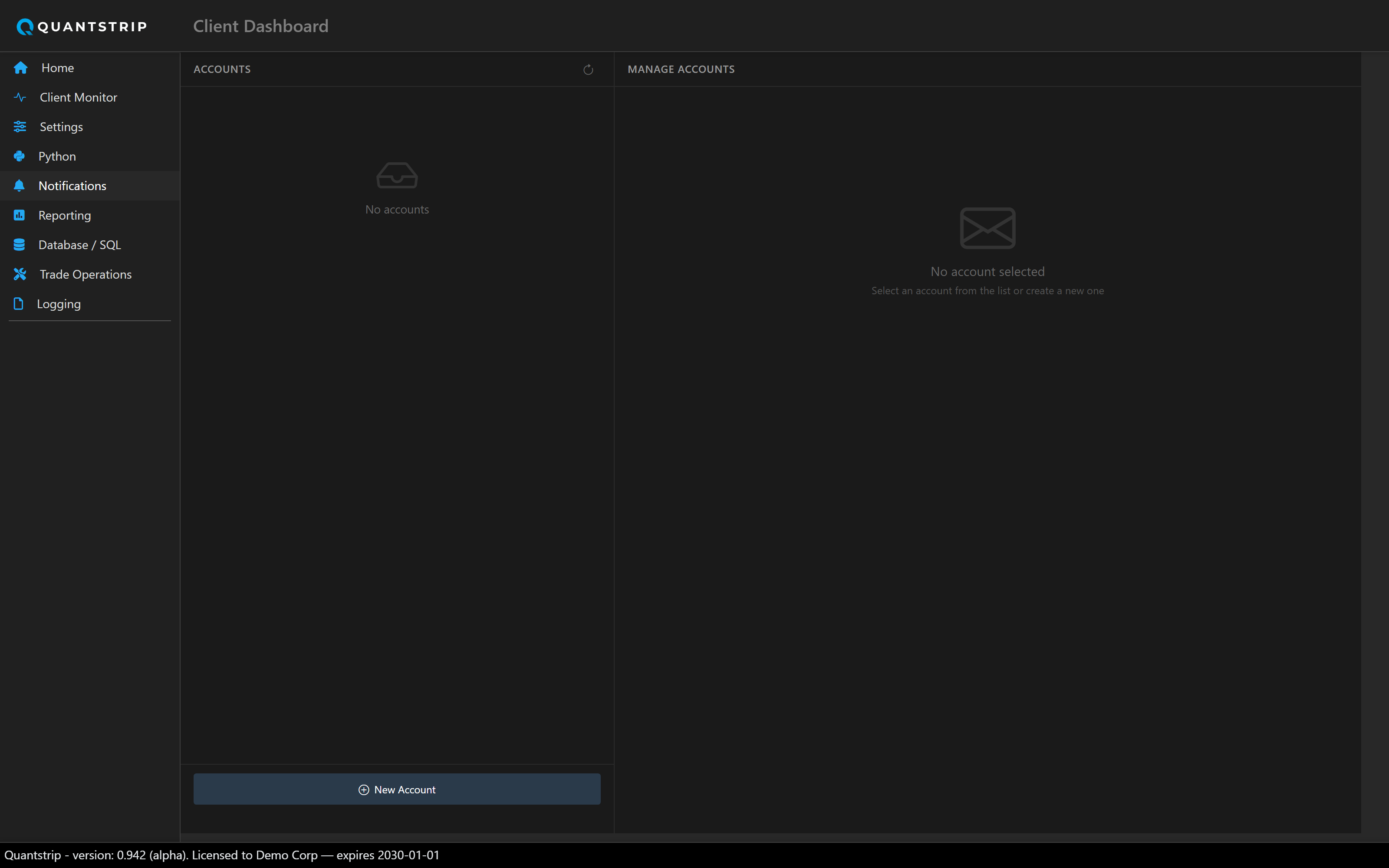 Notifications page showing configured email accounts and the account edit form
