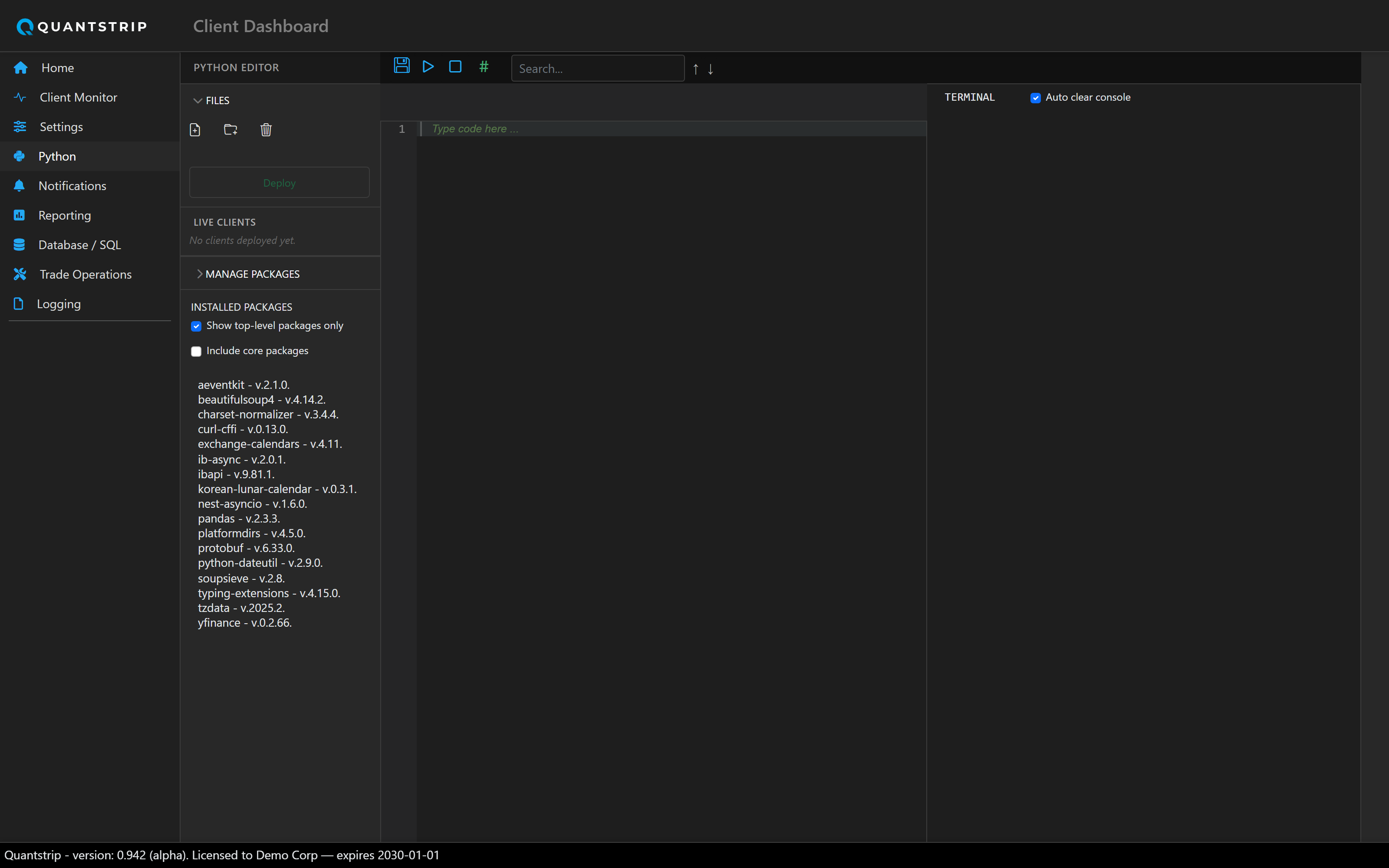 Python Editor showing file tree, code editor, and live clients panel