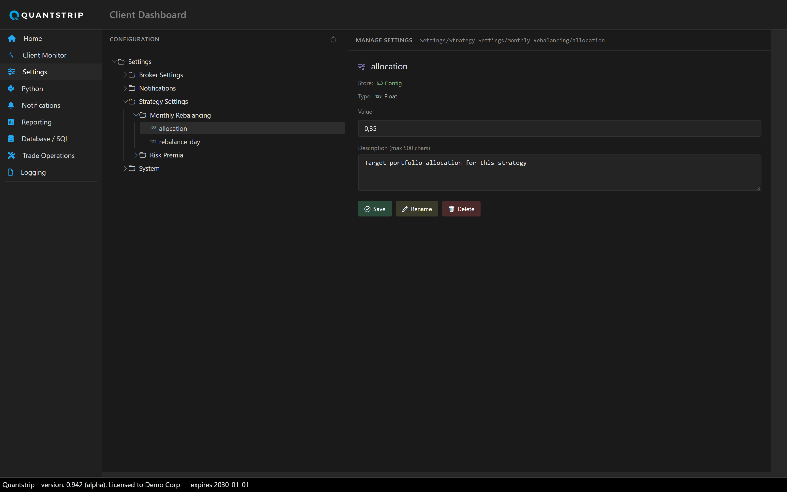 Settings page showing the config folder tree with typed values and an ENV badge
