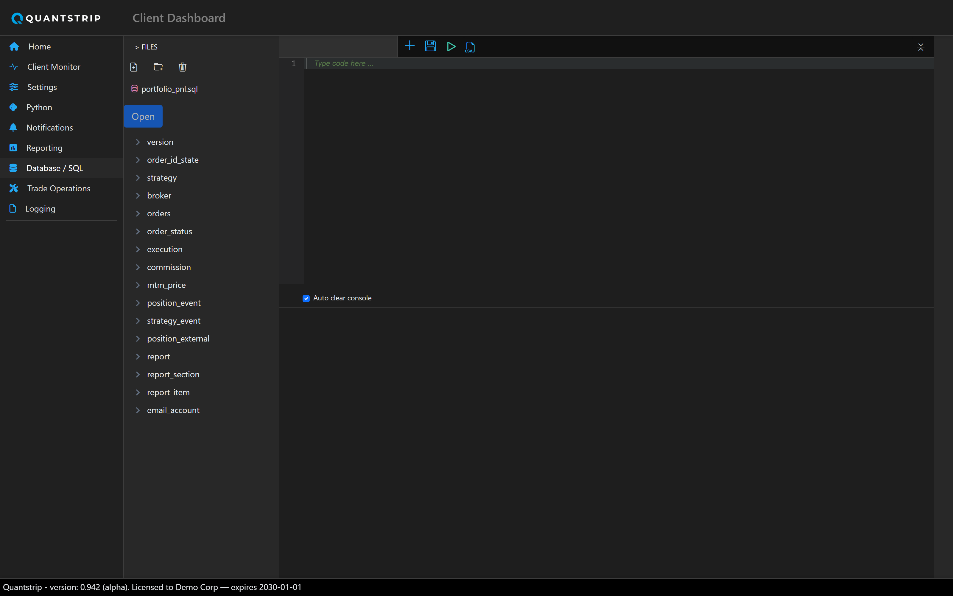 SQL editor with query results table, schema tree, and saved-query file browser