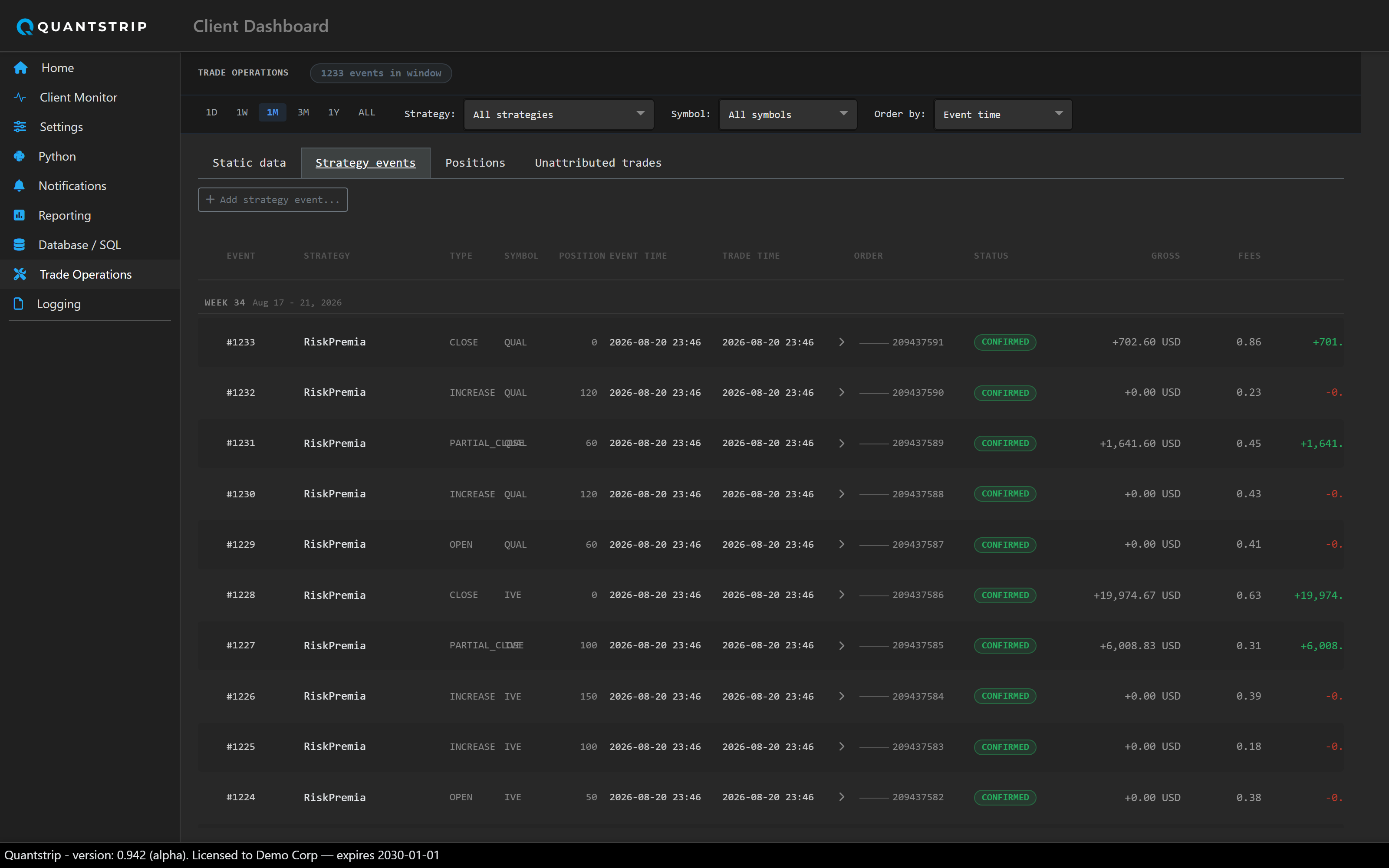 Trade Operations page showing the Strategy Events tab with expandable event rows